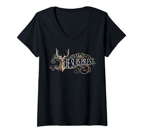 Damen Je Suis Prest Hirsch | Beige | Schottisches Geschenk T-Shirt mit V-Ausschnitt Damen Je Suis Prest Hirsch | Beige | Schottisches Geschenk T-Shirt mit V-Ausschnitt von Sassenach Gifts & Apparel