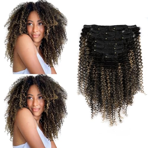 Sassina 3C 4A Echthaarverlängerungen zum Anklipsen, lockig, für schwarze Frauen, natürliches Schwarz, zum Aufstecken mit Erdbeerblond von Sassina