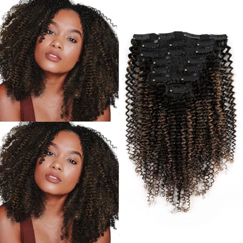 Sassina 4B Haarverlängerung, Afro-Echthaar, lockig, unsichtbar, für schwarze Frauen, natürliches schwarzes bis schokoladenbraunes Echthaar, 120 g, 35,6 cm, 7 Stück mit 17 Clips von Sassina