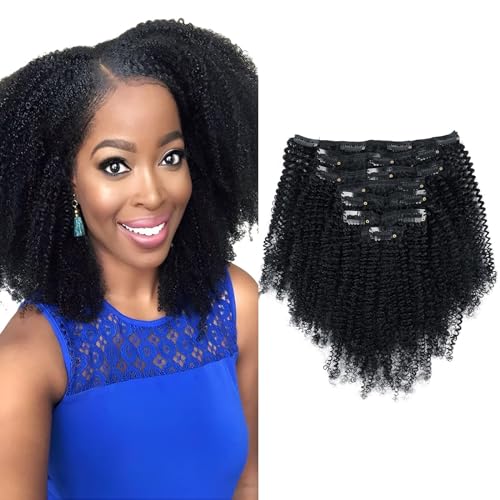 Sassina Afro Kinky Coily Clip ins Echthaar, doppelte Tressen 4B 4C Afro Kinky Coily Clip ins für Frauen, schwarz, Jet Black 7 Stück mit 17 Clips, 120 g, 35,6 cm, #1 von Sassina
