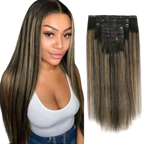 Sassina Yaki Haarverlängerungen zum Anstecken, Echthaar, für schwarze Frauen, unsichtbar, natürliches Schwarz bis Erdbeerblond, echtes Remy-Echthaar, 7 Stück, 50,8 cm, 120 g von Sassina