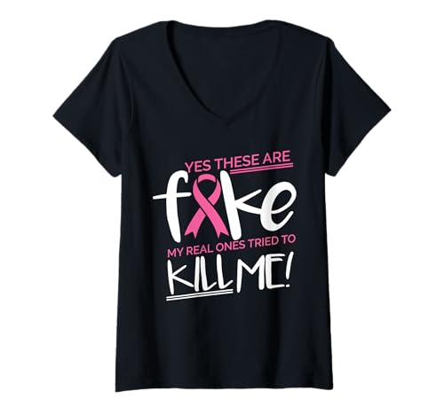 Damen Brustkrebsbekämpfer Mastektomie Yes These Fake Pink Ribbon T-Shirt mit V-Ausschnitt von Sassy Breast Cancer Warrior Survivor