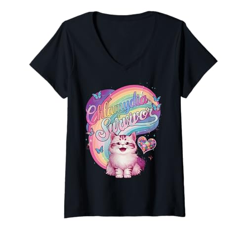 Damen Chlamydia Survivor Cat Meme: Bold & Quirky Humor T-Shirt mit V-Ausschnitt Damen Chlamydia Survivor Cat Meme: Bold & Quirky Humor T-Shirt mit V-Ausschnitt von Sassy Cat Vibes Apparel