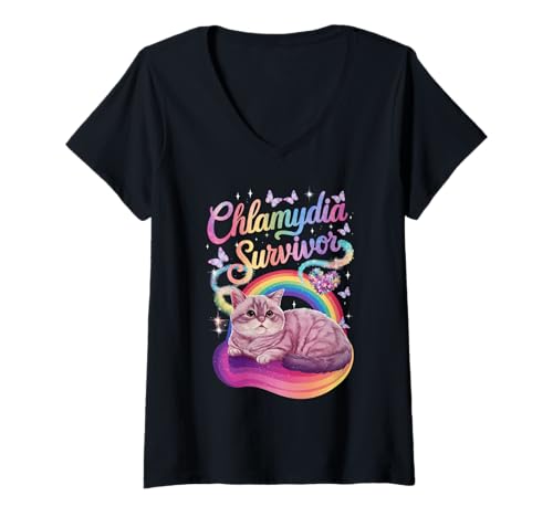 Damen Chlamydia Survivor Cat Meme: Bold & Quirky Humor T-Shirt mit V-Ausschnitt Damen Chlamydia Survivor Cat Meme: Bold & Quirky Humor T-Shirt mit V-Ausschnitt von Sassy Cat Vibes Apparel