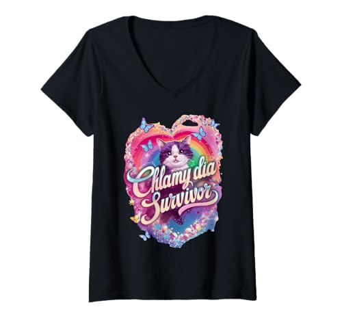 Damen Chlamydia Survivor Cat Meme: Bold & Quirky Humor T-Shirt mit V-Ausschnitt Damen Chlamydia Survivor Cat Meme: Bold & Quirky Humor T-Shirt mit V-Ausschnitt von Sassy Cat Vibes Apparel
