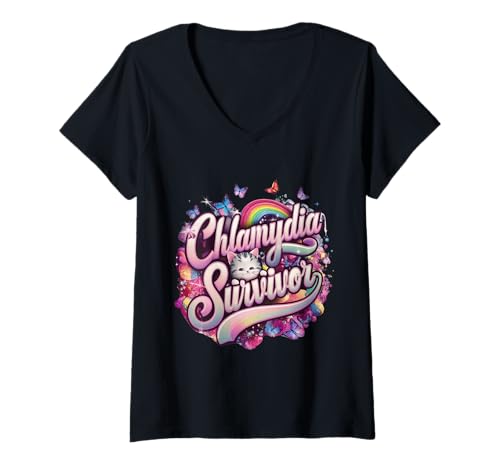 Damen Chlamydia Survivor Cat Meme: Bold & Quirky Humor T-Shirt mit V-Ausschnitt Damen Chlamydia Survivor Cat Meme: Bold & Quirky Humor T-Shirt mit V-Ausschnitt von Sassy Cat Vibes Apparel