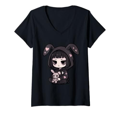 Damen E-Girl Cute Goth Bunny Anime Gothic Kawaii Gruselige Ästhetik T-Shirt mit V-Ausschnitt Damen E-Girl Cute Goth Bunny Anime Gothic Kawaii Gruselige Ästhetik T-Shirt mit V-Ausschnitt von Sassy & Spooky