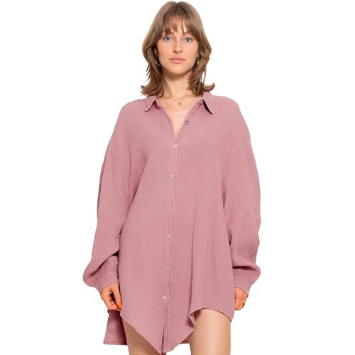 SASSYCLASSY Oversize Musselin Bluse Damen Langarm - Oversized Freizeit Look - Hemdbluse lang aus Baumwolle mit V Ausschnitt - Long-Bluse One Size (Gr. 36-48) Altrosa von SASSYCLASSY