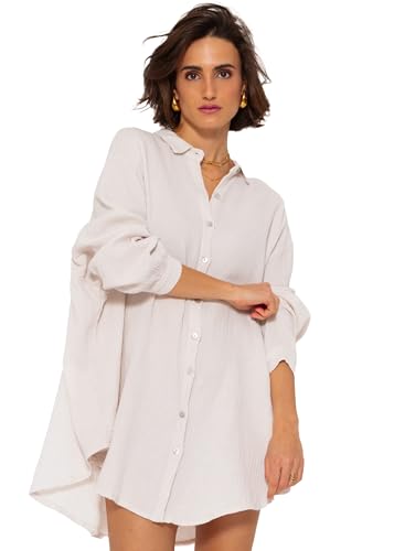 SASSYCLASSY Oversize Musselin Bluse Damen Langarm in Hellbeige - Oversized Freizeit Look - Hemdbluse lang aus Baumwolle mit V Ausschnitt - Long-Bluse One Size (Gr. 36-48) von SASSYCLASSY