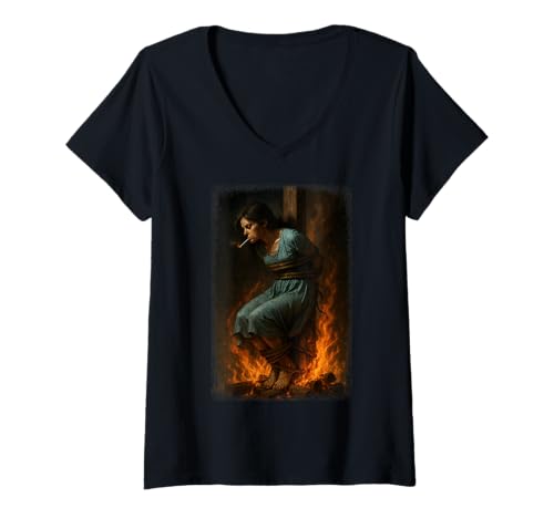 Damen Witch Lighting Cigarette with Flames Occult Unholy Funny T-Shirt mit V-Ausschnitt Damen Witch Lighting Cigarette with Flames Occult Unholy Funny T-Shirt mit V-Ausschnitt von Satan Devil Hell Wiccan Unholy Witchcraft Gothic