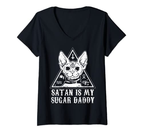 Damen Satanas ist mein Papa Zuckerdose Katze, Teufel T-Shirt mit V-Ausschnitt Damen Satanas ist mein Papa Zuckerdose Katze, Teufel T-Shirt mit V-Ausschnitt von Satan Is My Sugar Daddy Satanic Gifts