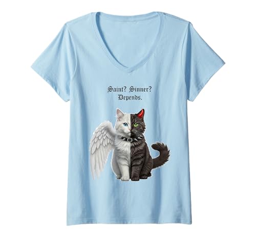 Damen Heilig? Sünder? Abhängig. Satanic Cat Kitten Atheist T-Shirt mit V-Ausschnitt Damen Heilig? Sünder? Abhängig. Satanic Cat Kitten Atheist T-Shirt mit V-Ausschnitt von Satanic Cat Atheist Cat Apparel Angel Devil