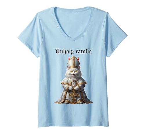 Damen Unheilige katholische Satanische Katze mit Hörnern T-Shirt mit V-Ausschnitt Damen Unheilige katholische Satanische Katze mit Hörnern T-Shirt mit V-Ausschnitt von Satanic Cat Atheist Unholy Cat Apparel