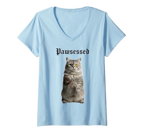 Damen Pawsessed Satanische Katze mit Kreuzperlen T-Shirt mit V-Ausschnitt von Satanic Cat Atheist Unique Cat Apparel