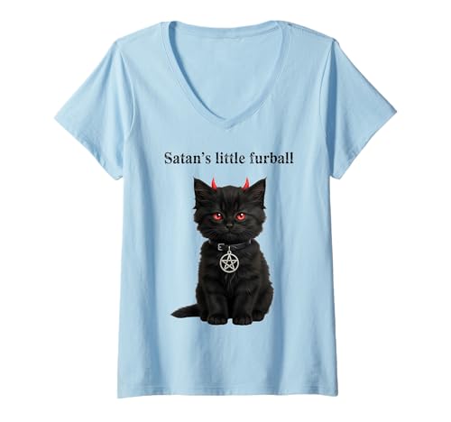 Damen Satan's Little Furball Rotäugiges Kätzchen T-Shirt mit V-Ausschnitt Damen Satan's Little Furball Rotäugiges Kätzchen T-Shirt mit V-Ausschnitt von Satanic Cat Kitten Atheist Dark Apparel