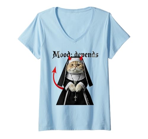 Damen Mood Depends Satanische Katze in Nonnenkleidung mit Hörnern T-Shirt mit V-Ausschnitt Damen Mood Depends Satanische Katze in Nonnenkleidung mit Hörnern T-Shirt mit V-Ausschnitt von Satanic Cat Kitten Atheist Unique Apparel