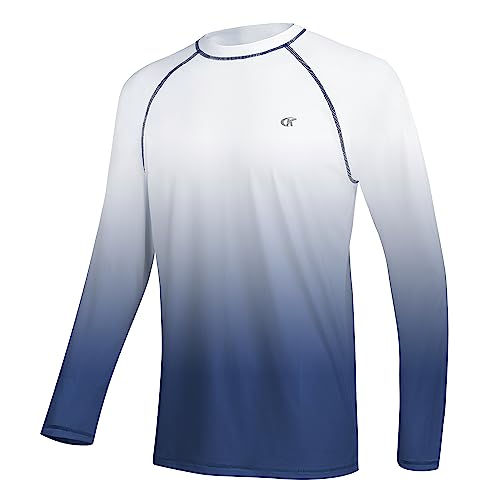 Herren Langarm-Badeshirts, Rashguard, UPF 50+, UV-Sonnenschutz-Shirt, athletisches Workout, Laufen, Wandern, T-Shirt, Bademode, Weißer Farbverlauf, Marineblau, 5XL von Satankud