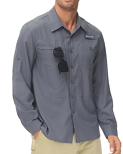Satankud Herren UPF 50+ Sonnenschutz Angeln Shirts Langarm Leicht Wandern Reisen Arbeit Button Down Hemd Reißverschlusstasche, grau dunkel, L von Satankud