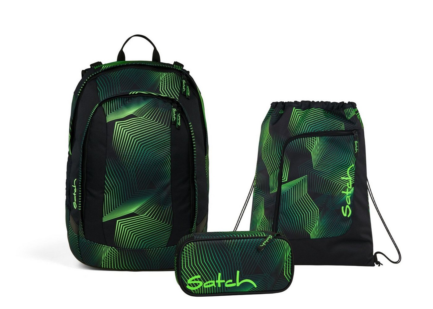 Satch Schulranzen Schulrucksack-Set AIR Seismic Green 3-teilig, Kollektion 2025 (3-teilig), Schulranzen, ergonomisch, Laptop-Fach, Your-Size-System von Satch