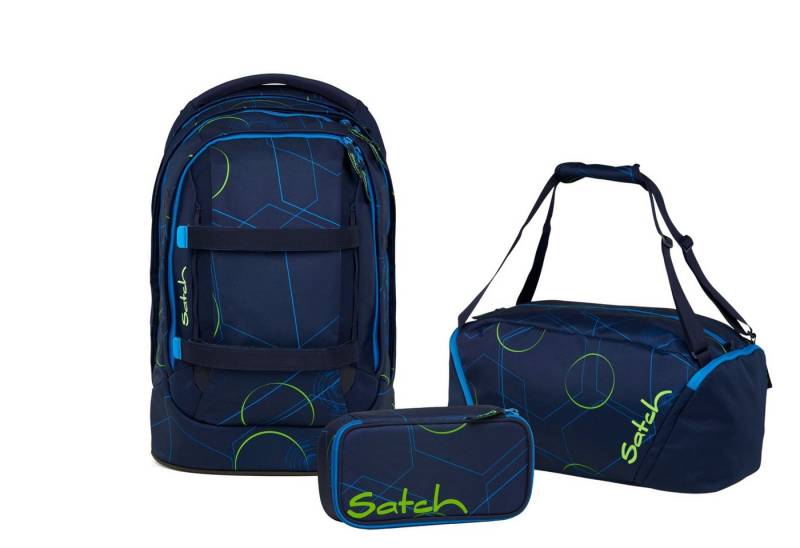 Satch Schulranzen Schulrucksack-Set PACK Blue Tech 3-teilig, Kollektion 2025 (3-teilig), ergonomisch, Your-Size-System: auf Körpergröße anpassbar von Satch