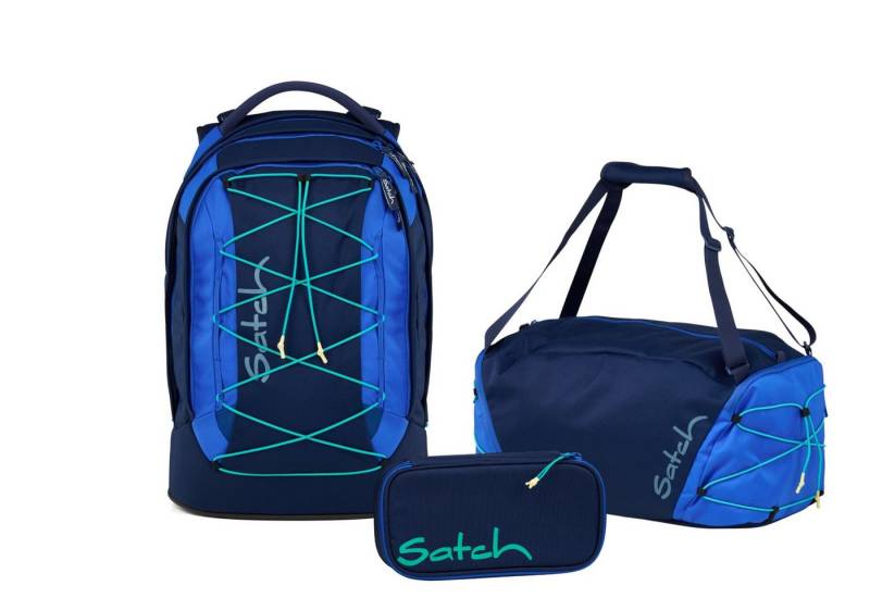 Satch Schulranzen Schulrucksack-Set PACK Crossed Blue 3-teilig, Kollektion 2025 (3-teilig), ergonomisch, Your-Size-System: auf Körpergröße anpassbar von Satch