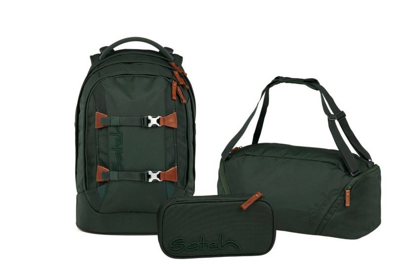 Satch Schulranzen Schulrucksack-Set PACK Nordic Forest Green 3-teilig, Kollektion 2025 (3-teilig), ergonomisch, Your-Size-System: auf Körpergröße anpassbar von Satch