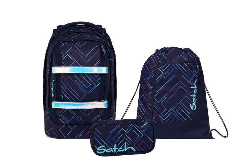 Satch Schulranzen Schulrucksack-Set PACK Purple Laser 3-teilg, Kollektion 2025 (3-teilig), ergonomisch, Your-Size-System: auf Körpergröße anpassbar von Satch