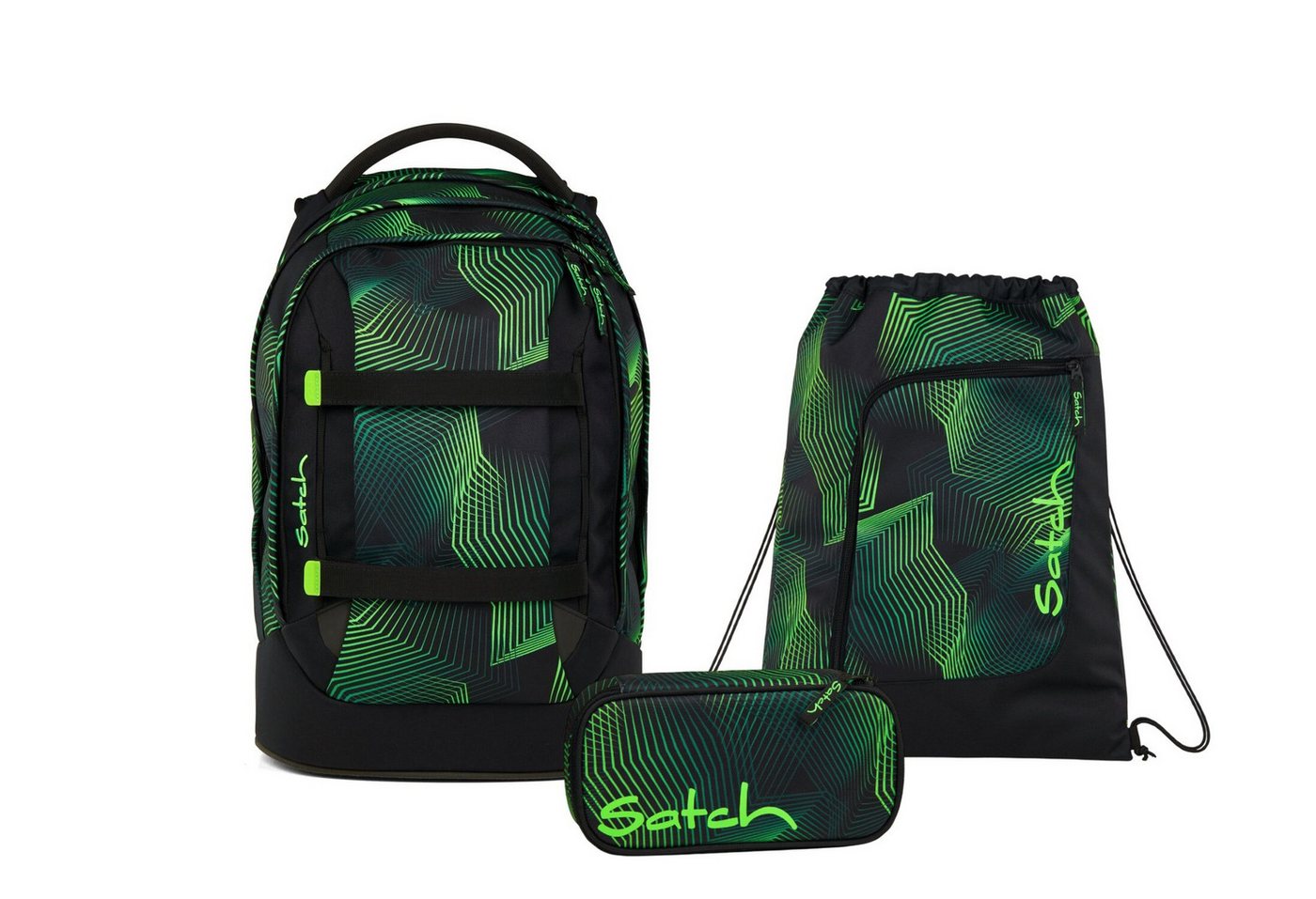 Satch Schulranzen Schulrucksack-Set PACK Seismic Green 3-teilig (3-teilig), ergonomisch, Your-Size-System: auf Körpergröße anpassbar von Satch