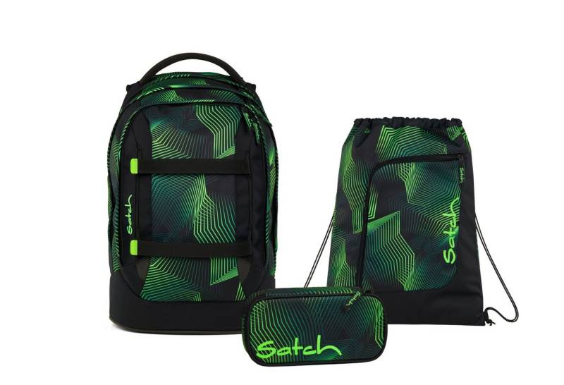 Satch Schulranzen Schulrucksack-Set PACK Seismic Green 3-teilig (3-teilig), ergonomisch, Your-Size-System: auf Körpergröße anpassbar von Satch