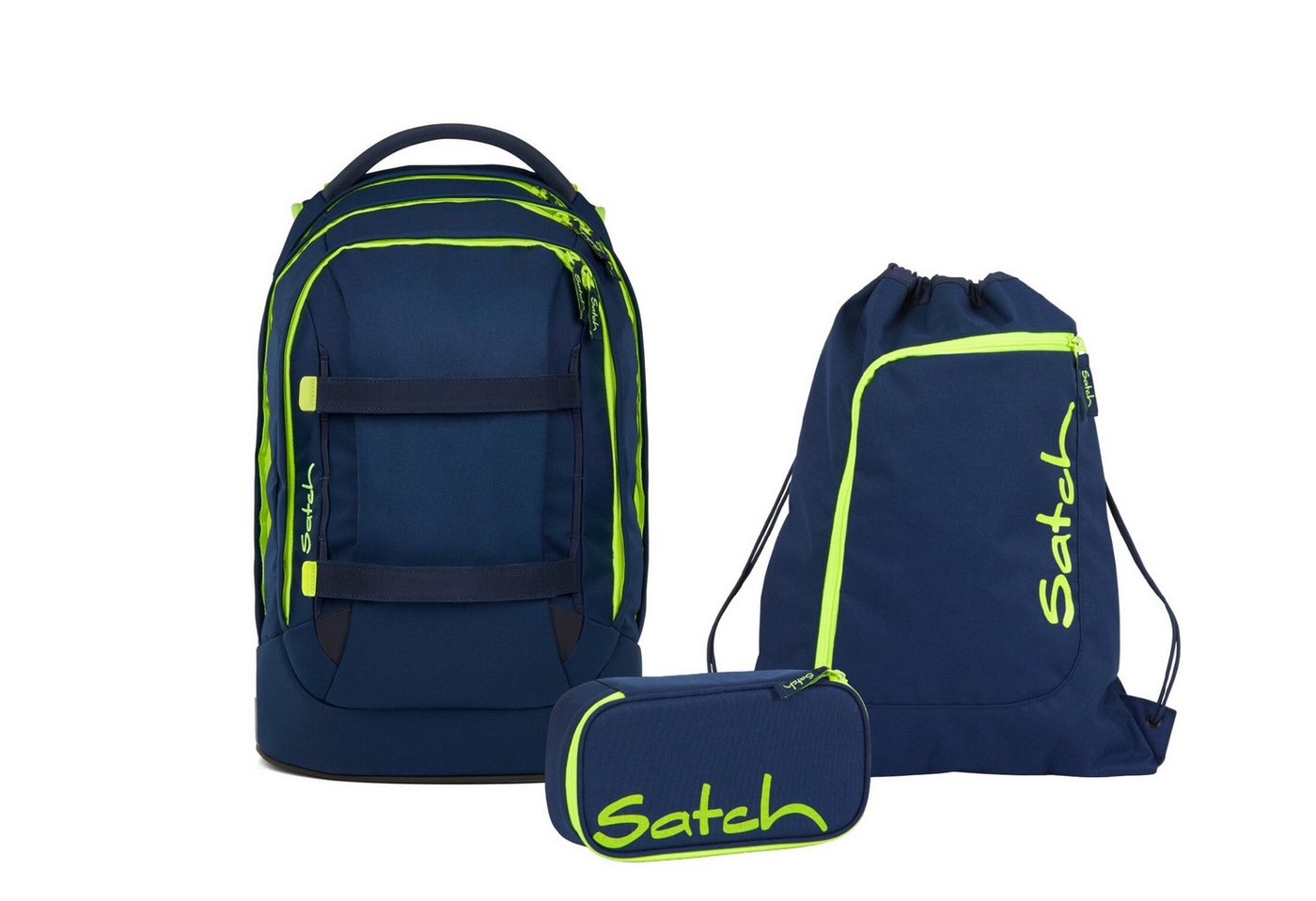 Satch Schulranzen Schulrucksack-Set PACK Toxic Yellow 3-teilig, Kollektion 2025 (3-teilig), ergonomisch, Your-Size-System: auf Körpergröße anpassbar von Satch