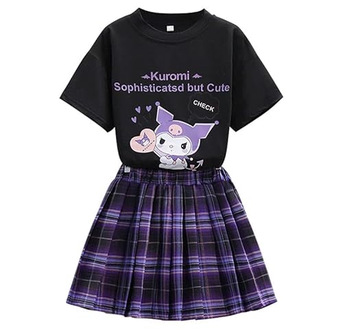 Satdflie Anime JK Schuluniform Rock Set Mädchen Cartoon T Shirt und Faltenrock A-Linie Kariert Mini Röcke 2 Teiliges Outfit, Schwarz, XXS von Satdflie