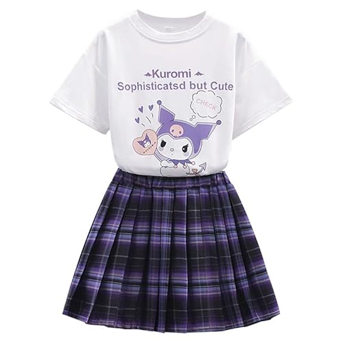 Satdflie Anime JK Schuluniform Rock Set Mädchen Cartoon T Shirt und Faltenrock A-Linie Kariert Mini Röcke 2 Teiliges Outfit, Weiß, XXS von Satdflie