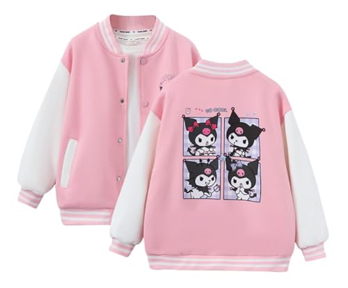 Satdflie Anime Ku-romi College Sweat Jacke Baseball Jacke Übergangsjacke mit Knopfleiste Frühling Herbst Vintage Letterman Varsity Bomber Jacket für Petite Damen Mädchen, Rosa, S von Satdflie