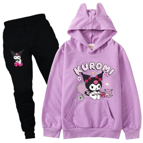 Satdflie Anime Kuro-mi Jogginganzug Trainingsanzug Langarm Kapuzenpullover Sweatshirt und Jogginghose Zweiteiler Bekleidungsset für Petite Damen Mädchen, Lila+Schwarz, XXS von Satdflie