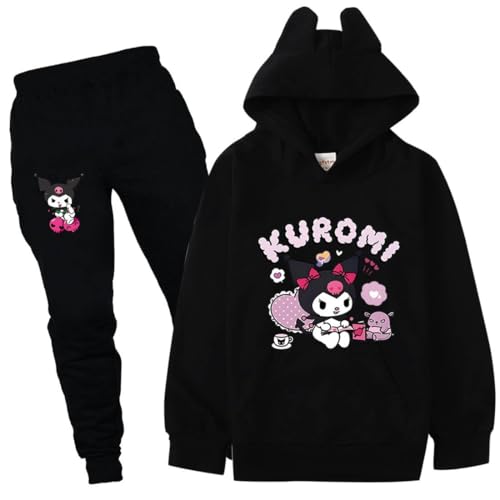 Satdflie Anime Kuro-mi Jogginganzug Trainingsanzug Langarm Kapuzenpullover Sweatshirt und Jogginghose Zweiteiler Bekleidungsset für Petite Damen Mädchen, Schwarz+Schwarz, XS von Satdflie