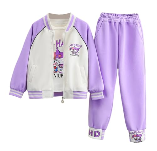 Satdflie Anime Kuro-mi Jogginganzug Trainingsanzug Mädchen College Sweat Jacke und Langarmshirt und Jogginghose 3 Teiliges Hausanzug Fitnessanzug Frühling Herbst, Lila 3XS von Satdflie