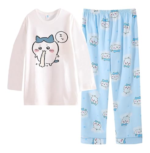 Satdflie Cartoon Schlafanzug Damen Mädchen Lang Rundhals Pyjama Set Langarmshirt und Pyjamahose Zweiteiliger Nachtwäsche Hausanzug, Blau/1, XL von Satdflie