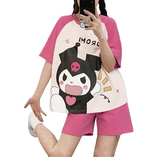 Satdflie Cartoon Schlafanzug Petite Damen Mädchen Pyjama Kurz Sommer Kurzarm T-Shirt und Shorts Set Zweiteiliger Nachtwäsche Hausanzug, Red, XL von Satdflie