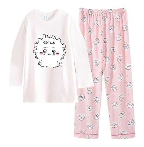 Satdflie Cartoon Schlafanzug Damen Mädchen Lang Rundhals Pyjama Set Langarmshirt und Pyjamahose Zweiteiliger Nachtwäsche Hausanzug, Rosa/2, L von Satdflie