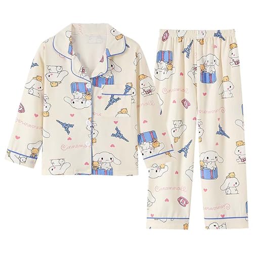 Satdflie Cinna-moroll 2 Stück Langarm Schlafanzug Set Petite Frauen Mädchen Nachtwäsche Cartoon Baumwolle Lange Ärmel Shirt Hose Sets, Beige 2, 2XS von Satdflie