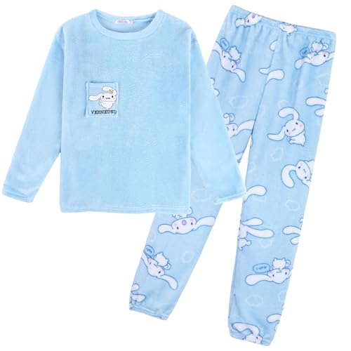 Satdflie Cartoon Flanell Pyjama Set Schlafanzug Lang Winter Langarm Fleecepullover und Pyjamahose Zweiteiliger Nachtwäsche Hausanzug für Petite Damen Mädchen, Blau, M von Satdflie