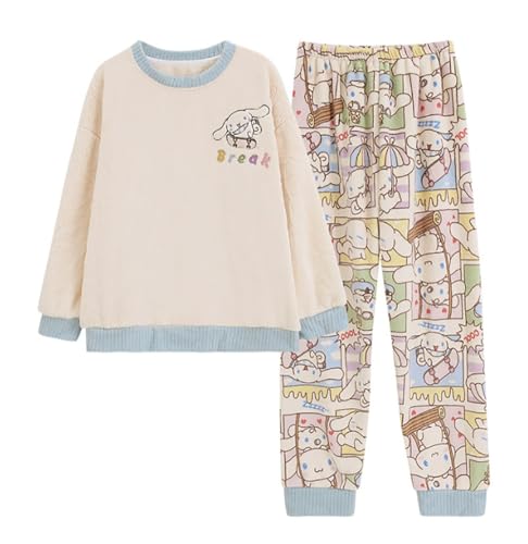 Satdflie Cartoon Schlafanzug Damen Mädchen Lang Flanell Pyjama Set Langarm Fleecepullover und Pyjamahose Winter Zweiteiliger Nachtwäsche Hausanzug, Blau, XL von Satdflie