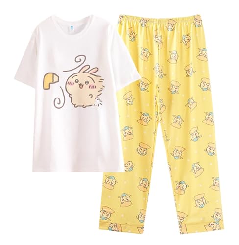 Satdflie Frauen Pyjama Sets für Mädchen 2 Stück Kurzarm mit Hosen Pj Set Zeichentrick Drucken Nachtbekleidung Baumwolle Lounge Set, Gelb/5, S von Satdflie