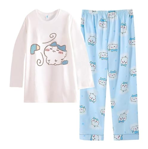 Satdflie Cartoon Schlafanzug Damen Mädchen Lang Rundhals Pyjama Set Langarmshirt und Pyjamahose Zweiteiliger Nachtwäsche Hausanzug, Blau/2, XXXL von Satdflie