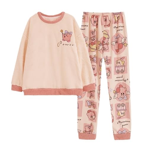Satdflie Cartoon Schlafanzug Damen Mädchen Lang Flanell Pyjama Set Langarm Fleecepullover und Pyjamahose Winter Zweiteiliger Nachtwäsche Hausanzug, Rosa, XXL von Satdflie