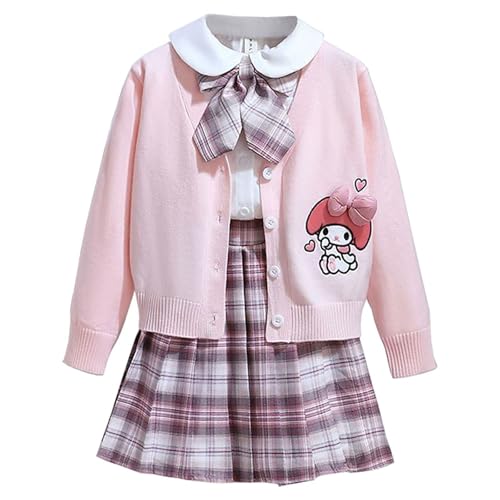 Satdflie Kuro-mi My Me-lody Mädchen JK Schuluniform Kinder Cardigan Gestrickte Strickjacke + Plaid Plissee Minirock + Langarm-Shirt + Fliege, Rosa, XS von Satdflie