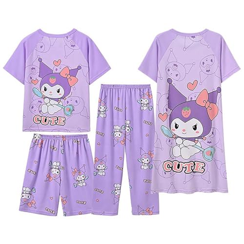 Satdflie Kuro-mi Schlafanzug Set 4 Stück Petite Frauen Mädchen Sommer Kurzarm Nachtwäsche T-Shirt & Shorts & Hosen & Nachthemd Sets, Lila 3, 4XS von Satdflie