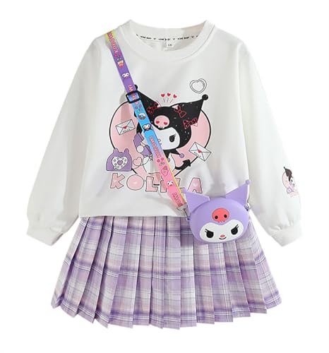 Satdflie Cartoon Rock Set Mädchen Langarm Rundhals Pullover Sweatshirt und Plissierter Karierter Minirock und Tasche 3 Teiliges Outfit, Lila, M von Satdflie
