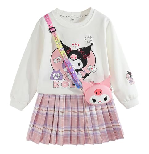 Satdflie Cartoon Rock Set Mädchen Langarm Rundhals Pullover Sweatshirt und Plissierter Karierter Minirock und Tasche 3 Teiliges Outfit, Rosa, 3XS von Satdflie