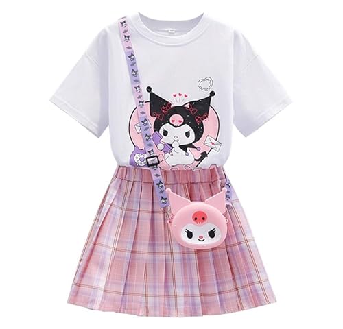 Satdflie Cartoon Rock Set Mädchen T Shirt und Faltenrock A-Linie Kariert Mini Röcke und Tasche 3 Teiliges Sommer Outfit, Lila, S von Satdflie